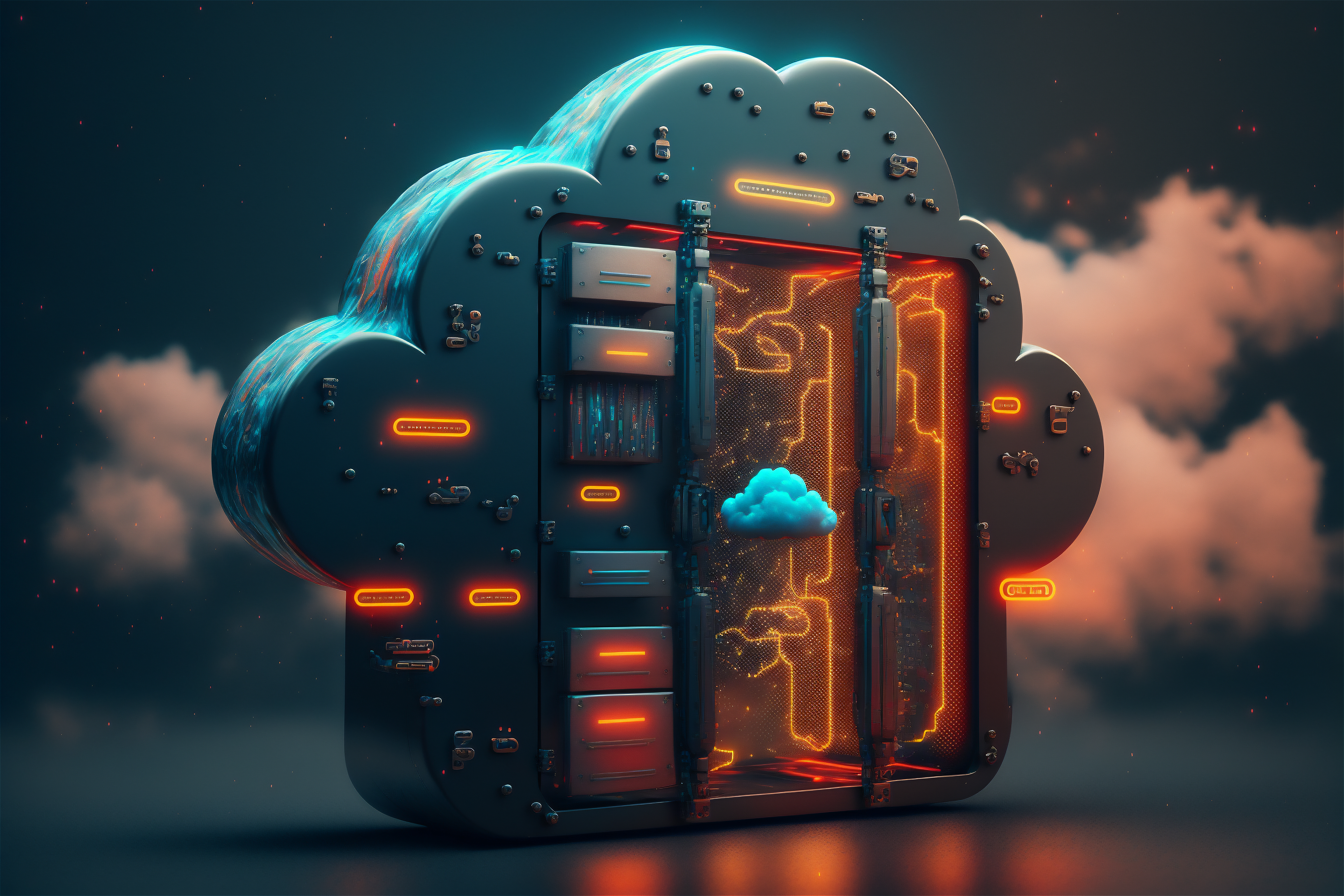 Concept of cyber server cloud data storage. Cloudscape digital online rack service for global network